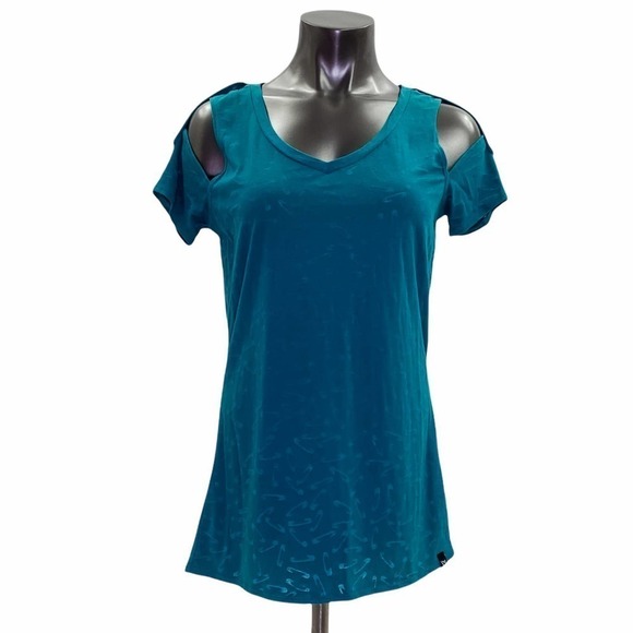 VOLCOM Teal Blue Cold Shoulder Graphic Blouse - Picture 1 of 11
